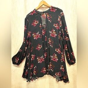 Free People Hunter Green  Floral Boho Open Long Sleeve Tunic Mini Dress XS